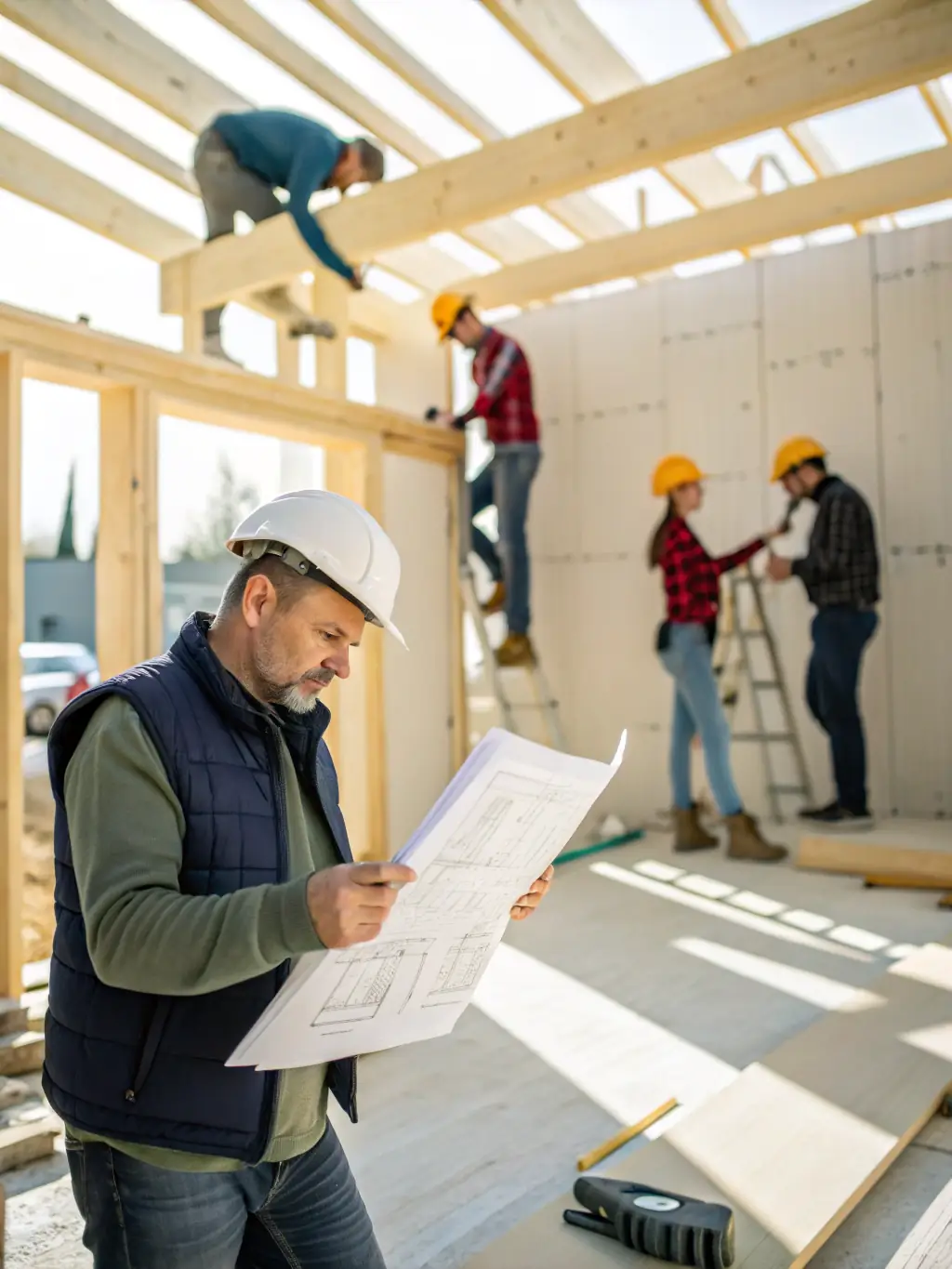 A picture of an Invita Homes project manager using a tablet on a construction site, highlighting the use of technology and efficient project oversight.