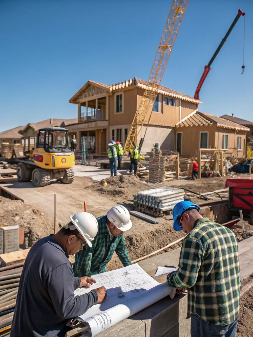 A photograph of Invita Homes construction workers collaborating on-site, showcasing their expertise and commitment to quality craftsmanship.