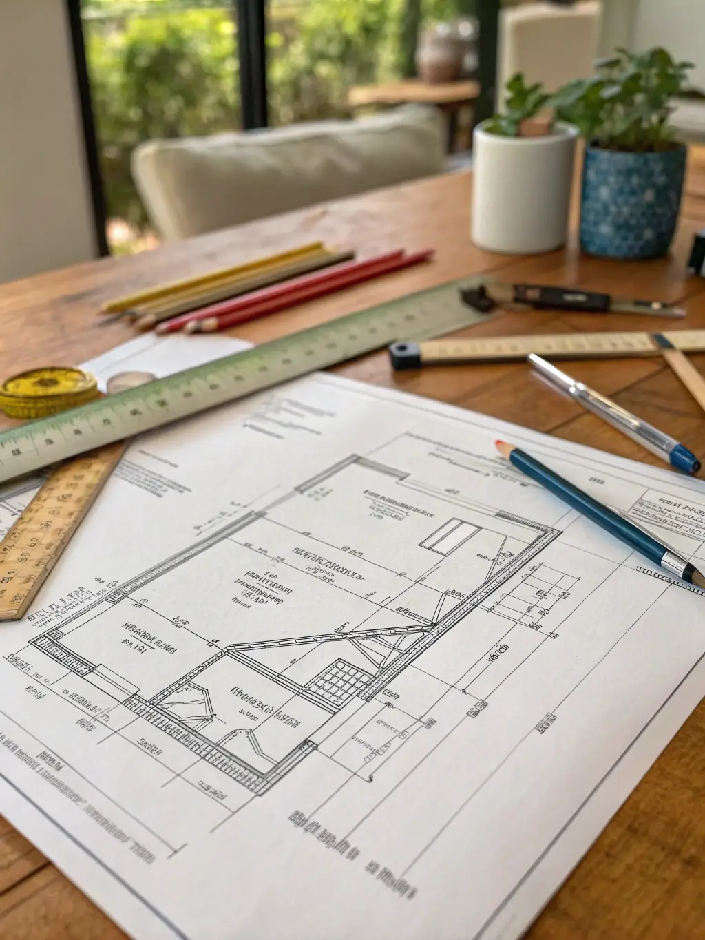 A high-resolution photograph of a modern home blueprint being reviewed by an Invita Homes architect, emphasizing the initial design phase and attention to detail.
